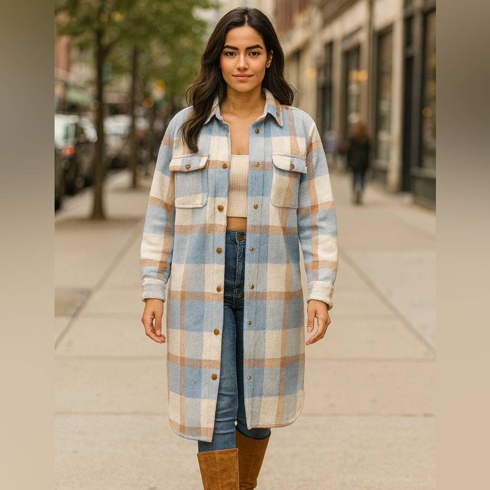 Haute Monde Plaid Shacket Jacket in Blue and Tan
